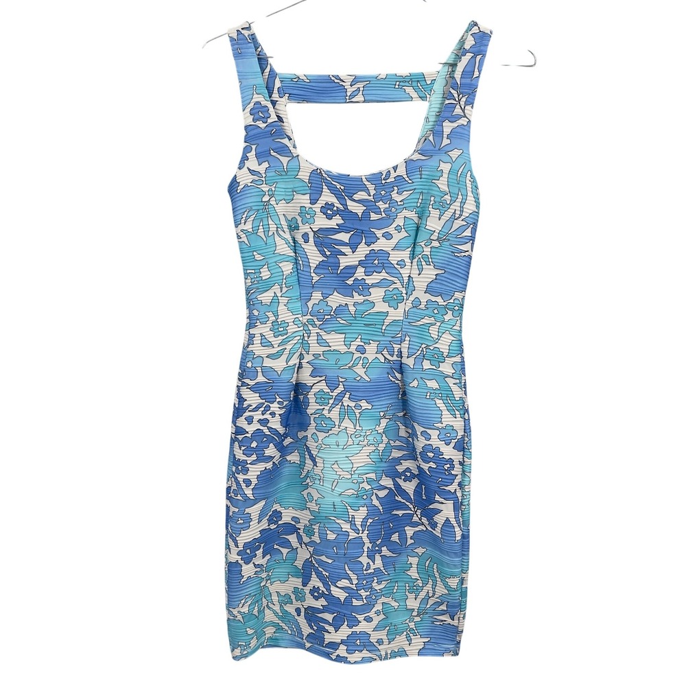 Jennifer Lopez Womens Mini Dress Blue Floral Ribbed Open Back XS
